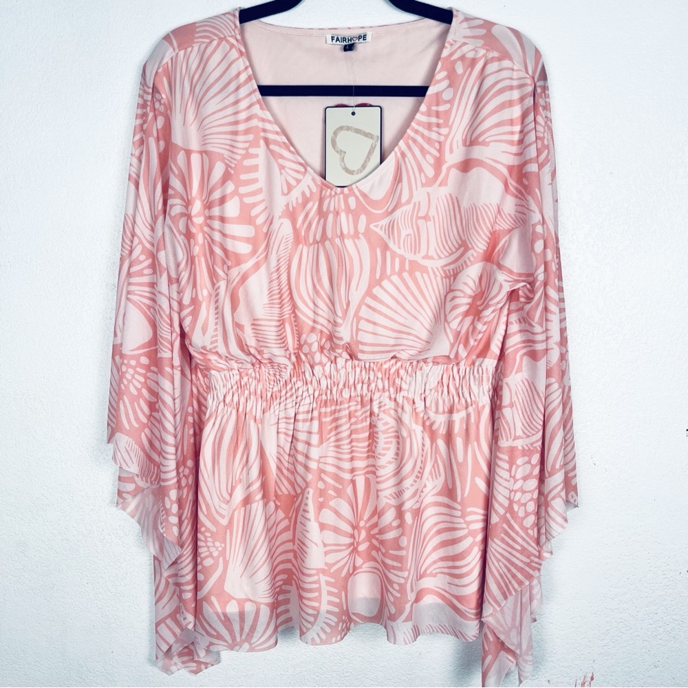 NWT fairhope size L pink shell print blouse top